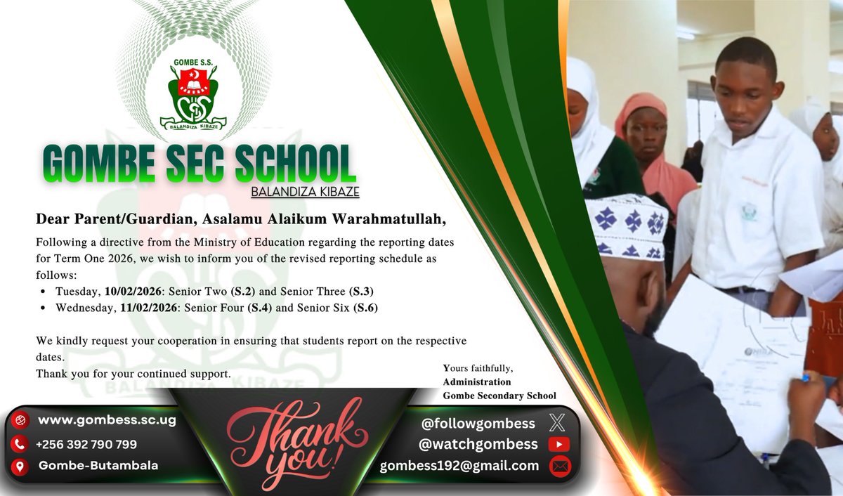 followgombess's tweet photo. Dear Parents/Guardians, Asalamu Alaikum Warahmatullah.
Following the Ministry directive, Term One 2026 reporting dates are:
β
Tue 10/02: S.2 & S.3
β
Wed 11/02: S.4 & S.6
Kindly ensure learners report on time. Thank you.
#GombeSS #TermOne2026 #BackToSchool #T20WorldCup2026 https://t.co/hGjrl0hTBv