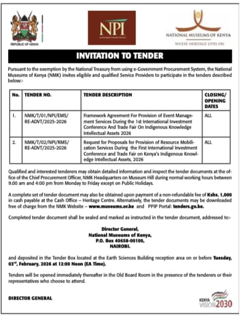 NPI_Kenya's tweet image. 𝐓𝐄𝐍𝐃𝐄𝐑

1st International Investment Conference and Trade Fair on Indigenous Knowledge Intellectual Assets 2026 will take place from 21st to 23rd April 2026. To ensure the success of this upcoming event, @museumsofkenya of Kenya's  @NPI_Kenya  invites the following tender