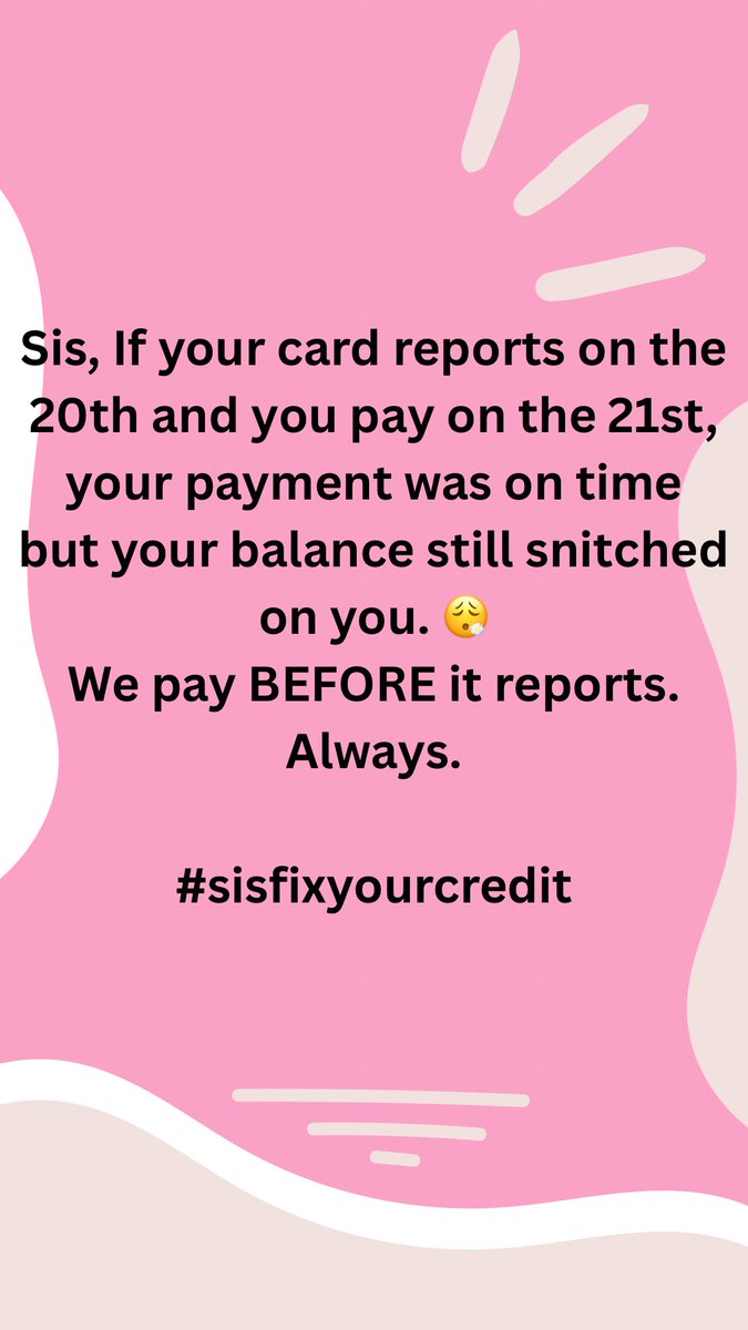 SisFixYourCred's tweet photo. You paid on time and your credit still took a hit.

Why? 
Because your balance reported first.

We don’t wait for due dates. 
We pay before it reports.

That’s how scores actually move. https://t.co/Kzvw31BwSR