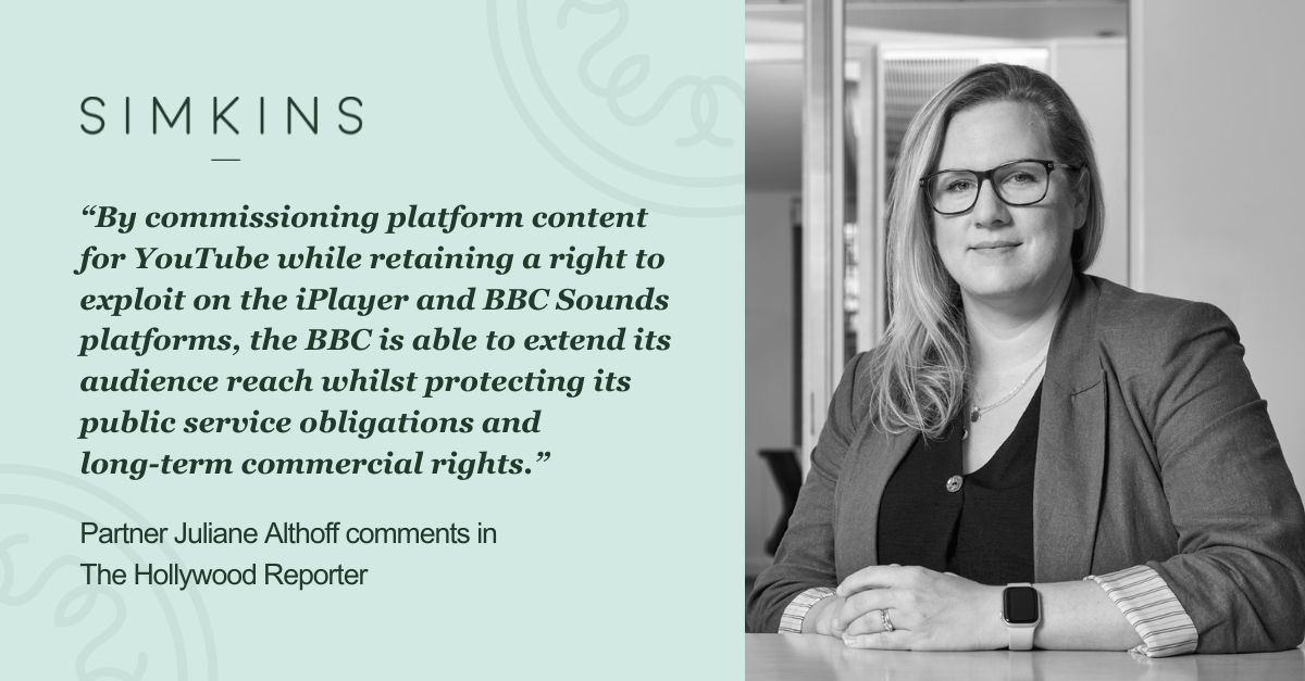 SimkinsLLP's tweet image. Commenting in @THR, Partner Juliane Althoff discusses the landmark deal between the BBC and YouTube.

Read more: simkins.com/news/bbc-and-y…