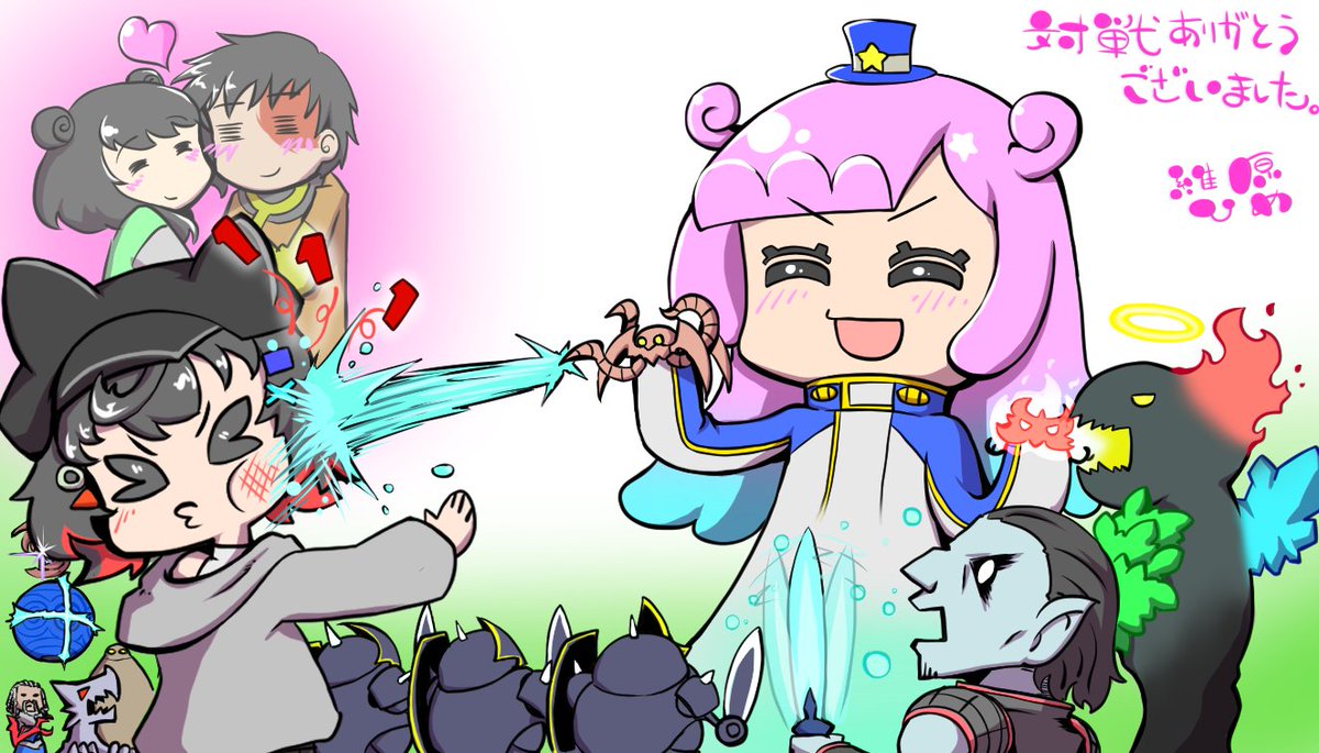 Hime2c's tweet photo. 昨日の統率者戦楽しかったのでファンアート。
『トリスケリオンビーム！！』
崇められし擬態の原形質（ぷにる）VS嵐裂きのズルゴVS異邦の詩人VSメイとズーコ

#MTG
 #はむの絵 https://t.co/Vuk59LLGT7