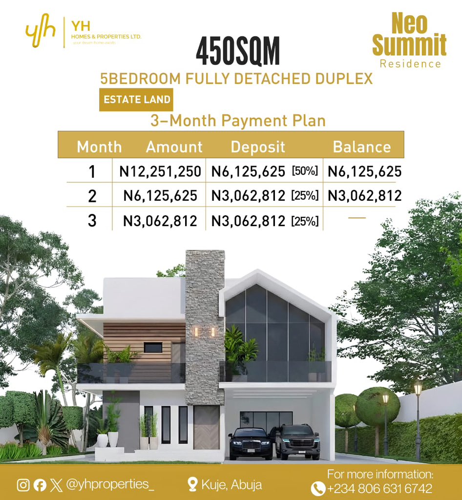 Yhproperties__'s tweet photo. INTRODUCING NEO SUMMIT RESIDENCE, KUJE
Buy early in one of Abuja’s fastest-growing areas. 📍 Kuje | 📄 FCDA R of O 💰 From ₦4.08M (Pre-sale live)
Land banking • Residential • Commercial
📞 0806 631 6742 #AbujaRealEstate #SmartInvestment #BuyLandEarly https://t.co/l9dp0lTjP6