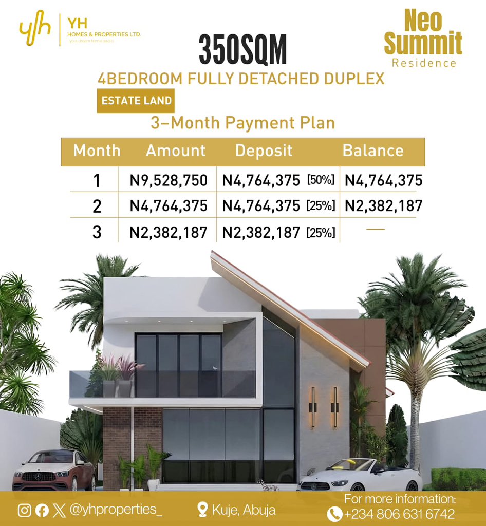 Yhproperties__'s tweet photo. INTRODUCING NEO SUMMIT RESIDENCE, KUJE
Buy early in one of Abuja’s fastest-growing areas. 📍 Kuje | 📄 FCDA R of O 💰 From ₦4.08M (Pre-sale live)
Land banking • Residential • Commercial
📞 0806 631 6742 #AbujaRealEstate #SmartInvestment #BuyLandEarly https://t.co/l9dp0lTjP6
