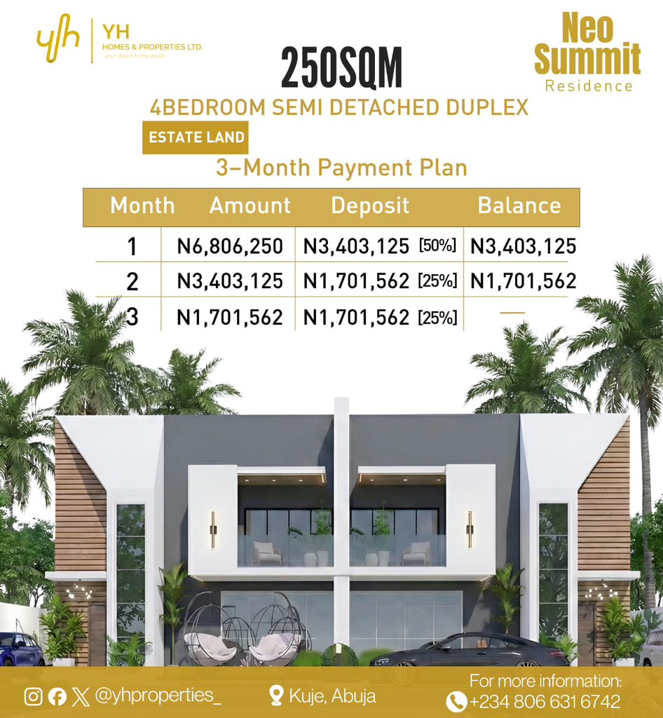 Yhproperties__'s tweet photo. INTRODUCING NEO SUMMIT RESIDENCE, KUJE
Buy early in one of Abuja’s fastest-growing areas. 📍 Kuje | 📄 FCDA R of O 💰 From ₦4.08M (Pre-sale live)
Land banking • Residential • Commercial
📞 0806 631 6742 #AbujaRealEstate #SmartInvestment #BuyLandEarly https://t.co/l9dp0lTjP6