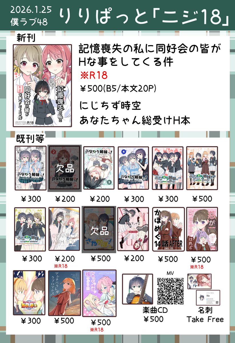 僕ラブ48のお品書きです。 新刊はあなたちゃん総受けR18本。 ・新刊は