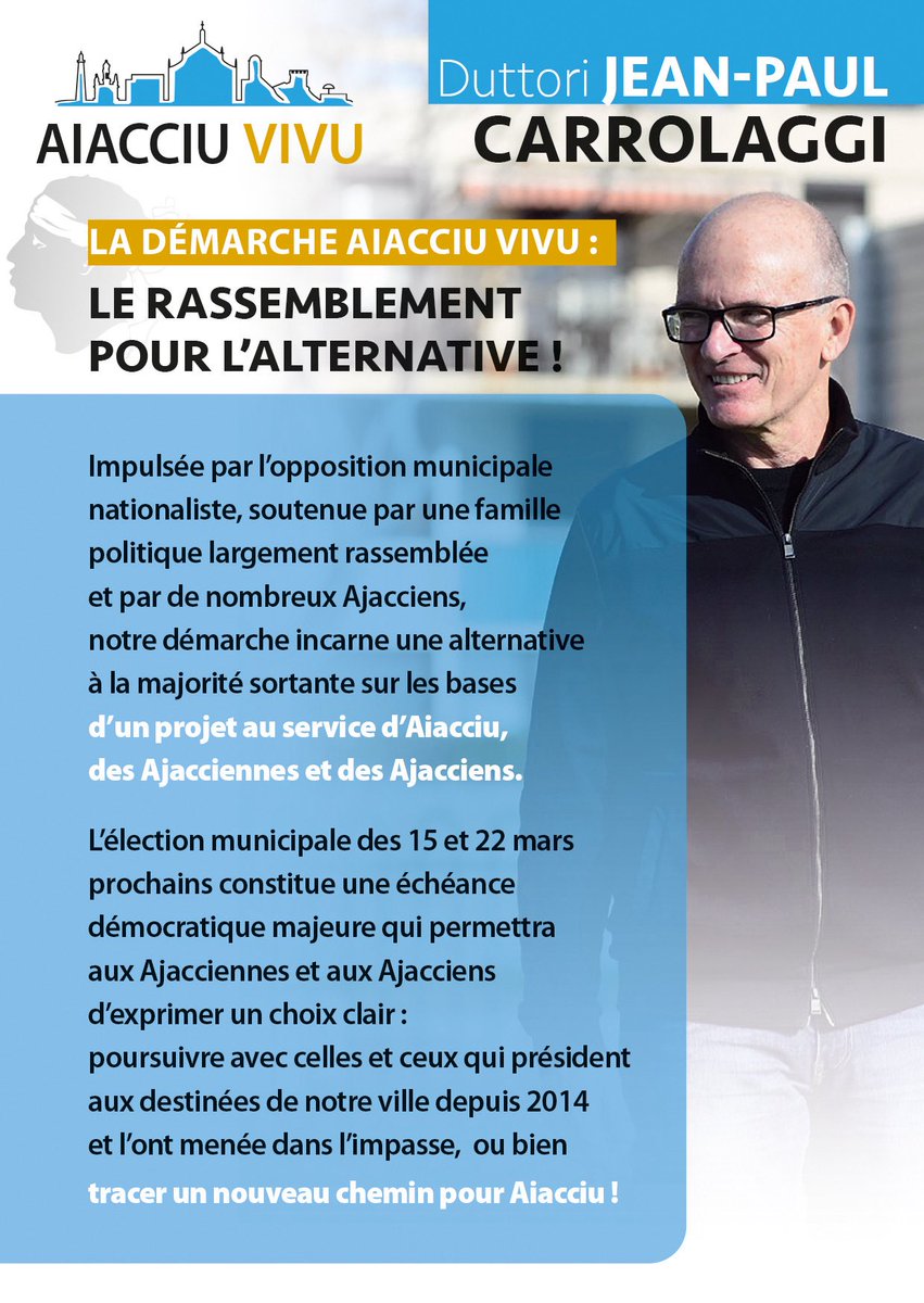 aiacciuvivu's tweet image. ✊🏻 𝐋𝐚 𝐝𝐞́𝐦𝐚𝐫𝐜𝐡𝐞 𝐀𝐈𝐀𝐂𝐂𝐈𝐔 𝐕𝐈𝐕𝐔

L’élection municipale de mars permettra aux Ajacciens d’exprimer un choix clair : 

❌ Poursuivre avec les sortants qui, depuis 2014, ont mené notre ville dans l’impasse ;

✅ Ou bien tracer un nouveau chemin pour Aiacciu !