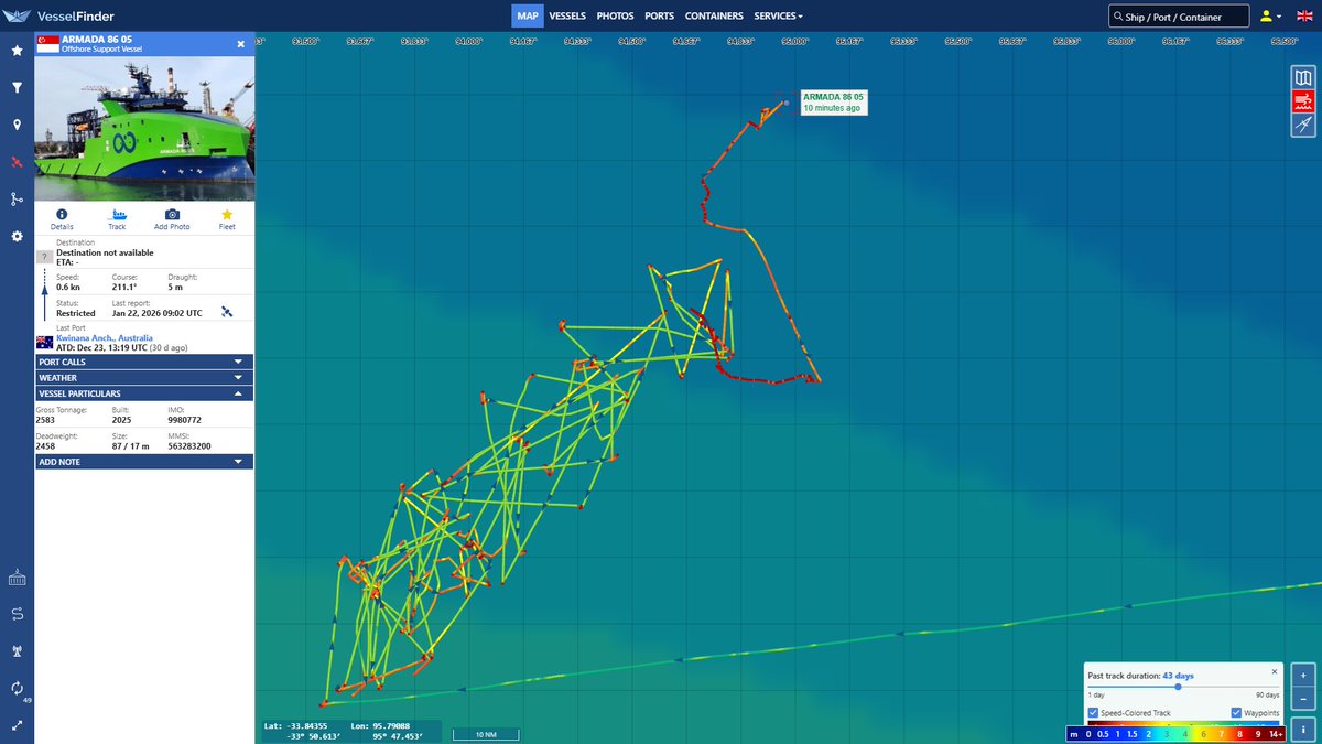 LabratSR's tweet photo. #MH370 I don't really know what Armada 86 05 is doing. Wave Heights have picked up again to 3.5 meters, but the vessel is sitting right at the northern limit of the search area. Wave Heights are on in the first two images. #vesseltracking by @VesselFinder https://t.co/wshtuvhqOT