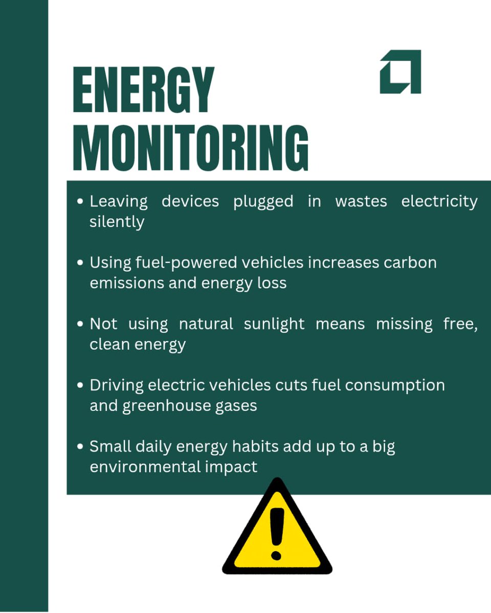 autosafe_ng's tweet photo. Smart Energy Management: Small Choices, Big Impact ⚡🌱

Smart energy management isn’t about expensive technology alone — it’s about understanding how our everyday habits affect energy use, costs, and the environment. Here’s how simple actions can make a meaningful difference:

1️⃣ Leaving devices plugged in wastes electricity silently
Many appliances continue to draw power even when they’re switched off. Chargers, TVs, and routers consume what’s known as standby power. Over time, this “invisible” usage adds up, increasing electricity bills and unnecessary energy demand. Unplugging devices or using power strips can significantly reduce this waste.
2️⃣ Fuel-powered vehicles increase emissions and energy loss
Internal combustion engines are inefficient — a large portion of fuel energy is lost as heat. Beyond higher fuel costs, this inefficiency contributes heavily to carbon emissions and air pollution. Our transportation choices play a major role in overall energy consumption.
3️⃣ Ignoring natural sunlight means missing free, clean energy
Relying on artificial lighting during the day increases electricity use when sunlight is freely available. Thoughtful building design, open curtains, and daylight-friendly work habits can reduce energy demand while improving comfort and productivity.
4️⃣ Electric vehicles reduce fuel use and greenhouse gases
Electric vehicles convert energy more efficiently and produce zero tailpipe emissions. When paired with cleaner power sources, they significantly lower overall environmental impact compared to traditional fuel-powered cars.
5️⃣ Small daily habits create long-term environmental impact
Turning off unused lights, optimizing appliance use, choosing efficient transport, and being mindful of energy consumption may seem minor individually — but collectively, they shape a more sustainable future.

💡 Think about it:
Which devices in your home are always plugged in?
How often do you rely on artificial lighting during the day?
What small habit could you change today to use energy more responsibly?
Smart energy management starts with awareness — and awareness leads to better decisions for both people and the planet.

#SmartEnergyManagement
#EnergyEfficiency
#SustainableLiving