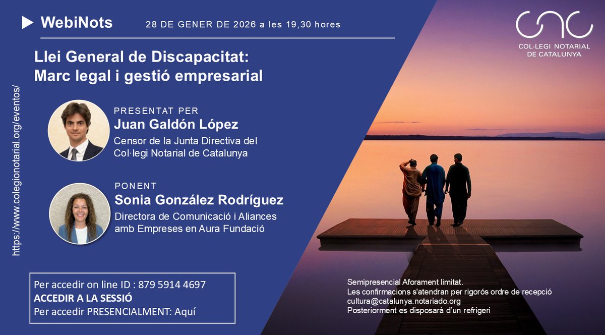 colnotaris's tweet photo. 📣Nou WebiNots sobre la Llei General de Discapacitat: Marc legal i gestió empresarial, amb Sonia González, de @aurafundacio

📅28 de gener, a les 19.30 hores

Inscripcions per assistir presencial: https://t.co/vy7Z5YgLOF

També es podrà seguir online: https://t.co/5IG95CltuN https://t.co/FifzGE6vTI