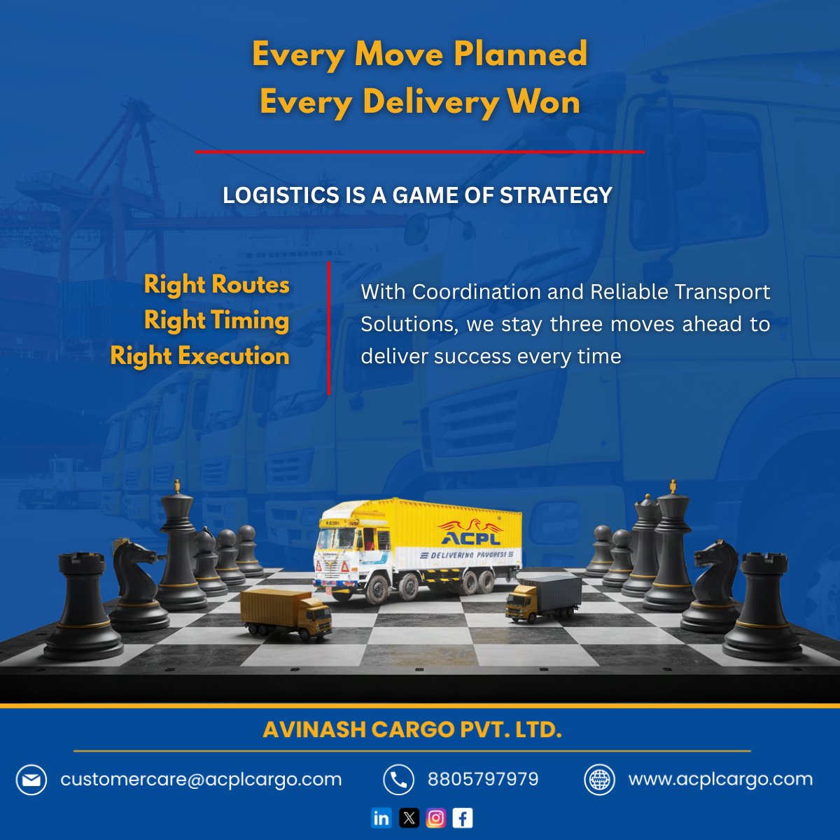 Every move in logistics decides the outcome—and we never play without a plan. ♟️
At <a href="/AvinashCargo/">ACPL - Avinash Cargo Pvt Ltd</a>, logistics isn’t just transportation; it’s a game of strategy where the right routes, perfect timing, and flawless execution come together to deliver winning results.

#ACPL #Chess