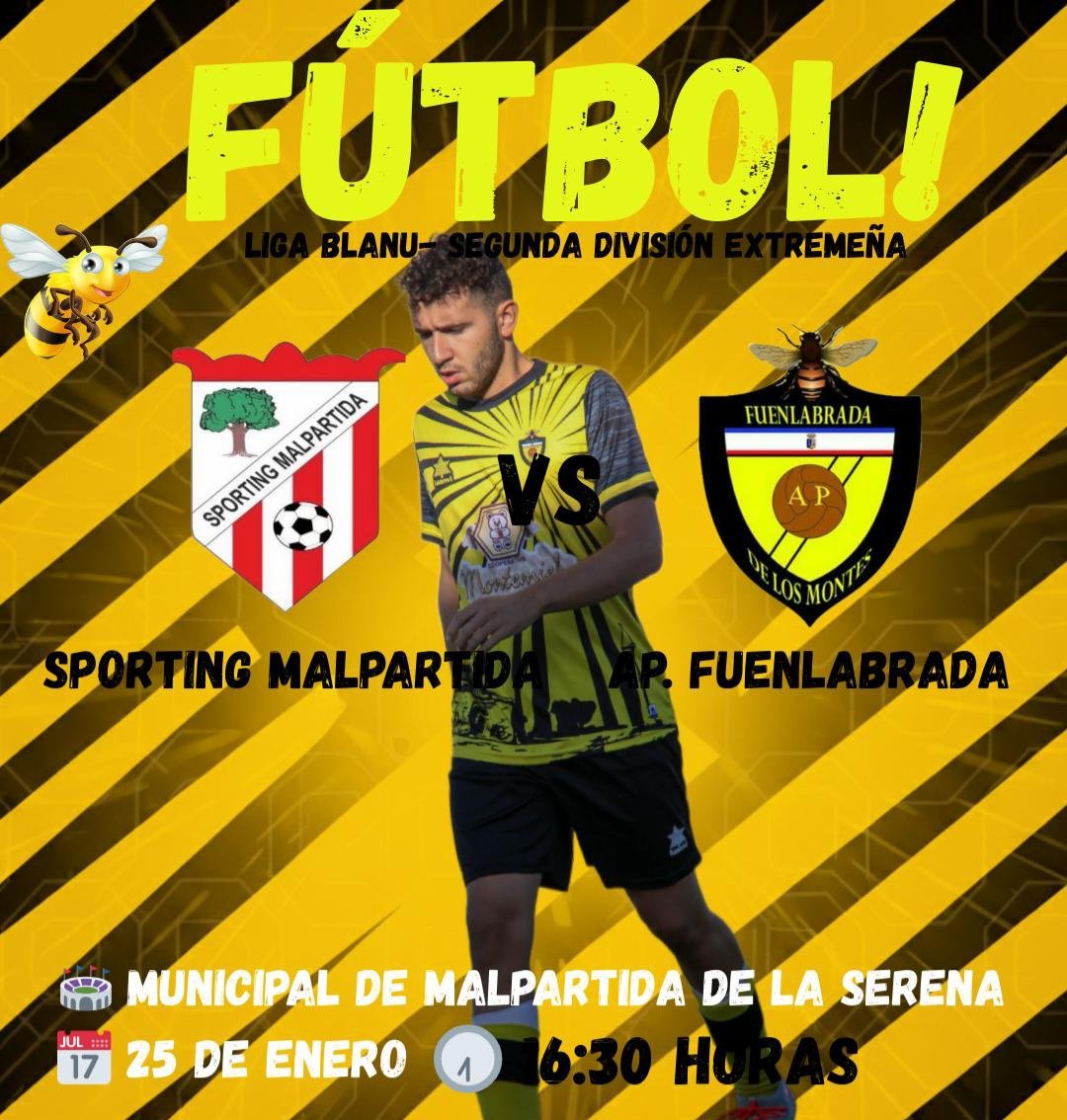 Fútbol ⚽️ 

El domingo volvemos a jugar fuera de casa, visitamos un campo difícil como es el del Sporting Malpartida.  

Sporting Malpartida 🔴⚪️- 🟡⚫️ AP Fuenlabrada 

📅Domingo 25
⌚️16:30
🏟municipal de  Malpartida 

💛🖤💛🖤

#vamosAP