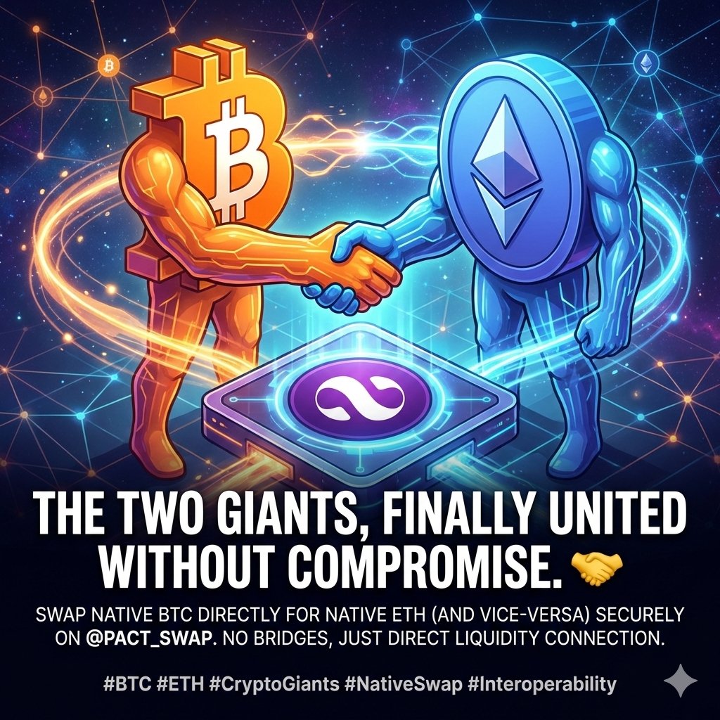 webrecompensa's tweet photo. The two giants, finally united without concessions. 🤝 Swap native #Bitcoin directly for native #Ethereum (and vice versa) securely on @Pact_Swap. No bridges, just a direct liquidity connection. #BTC #ETH #CryptoGiants #NativeSwap #Interoperability https://t.co/ioH8qhI0sQ