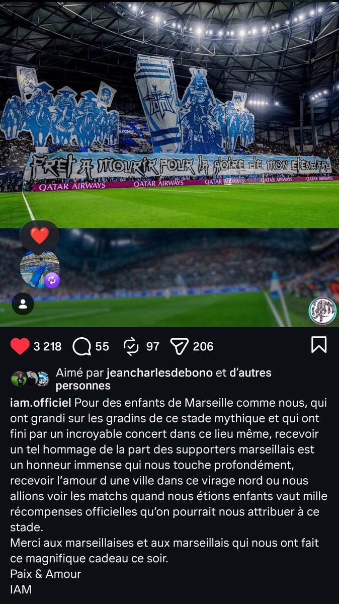 Le message de <a href="/IAM/">IAM</a> sur Insta suite au tifo hommage exceptionnel du virage Depé 🫶🏻🤍💙