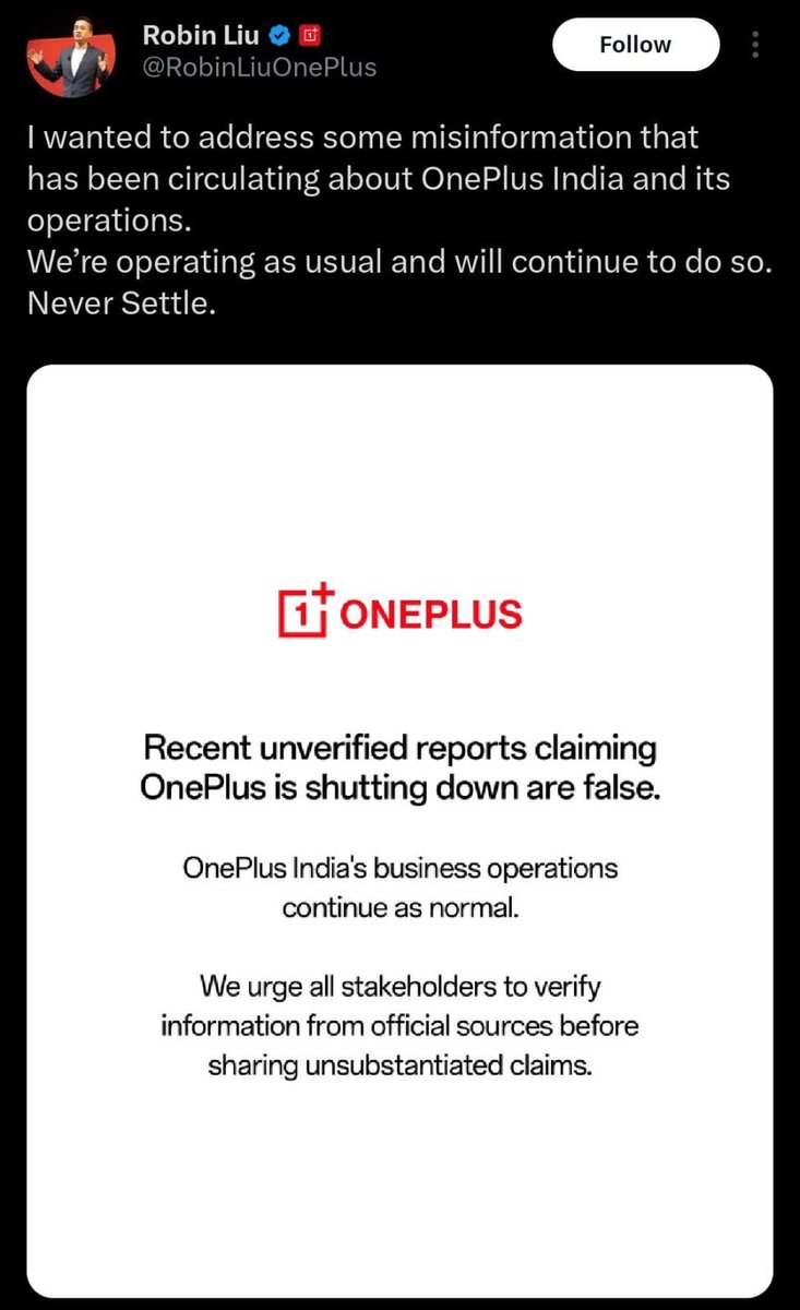 prabhatkhabar's tweet image. OnePlus के बंद होने की रिपोर्ट्स पर कंपनी के CEO ने चुप्पी तोड़ी है. Robin Liu ने X हैंडल पर अपनी पोस्ट में लिखा है कि वनप्लस की सेल्स बिल्कुल  सामान्य है, और अफवाहों पर भरोसा न करें.
#OnePlus #OnePlusIndia #CEOStatement #FakeNews #OfficialUpdate #TechNews #PrabhatKhabar