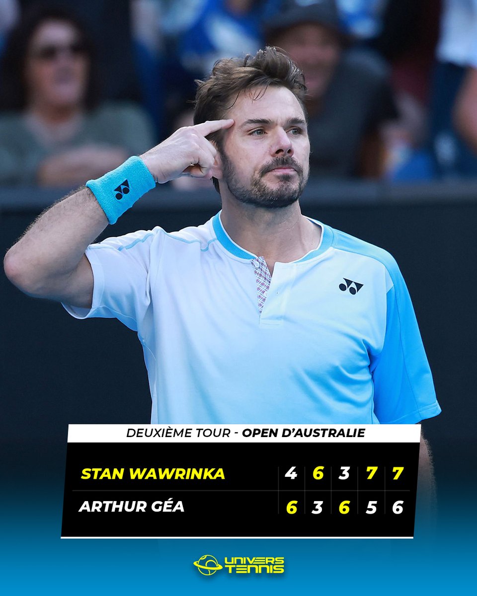 UniversTennis's tweet photo. 🤯 ÉTERNEL WAWRINKA 🤯

Stan Wawrinka s’impose après 4h33 de combat face au Français Arthur Géa et atteint un troisième tour en Grand Chelem pour la première fois depuis 2023. 🔥🇨🇭

À 40 ans, il devient le joueur le plus âgé à atteindre ce stade en Majeur depuis 1978. 😱