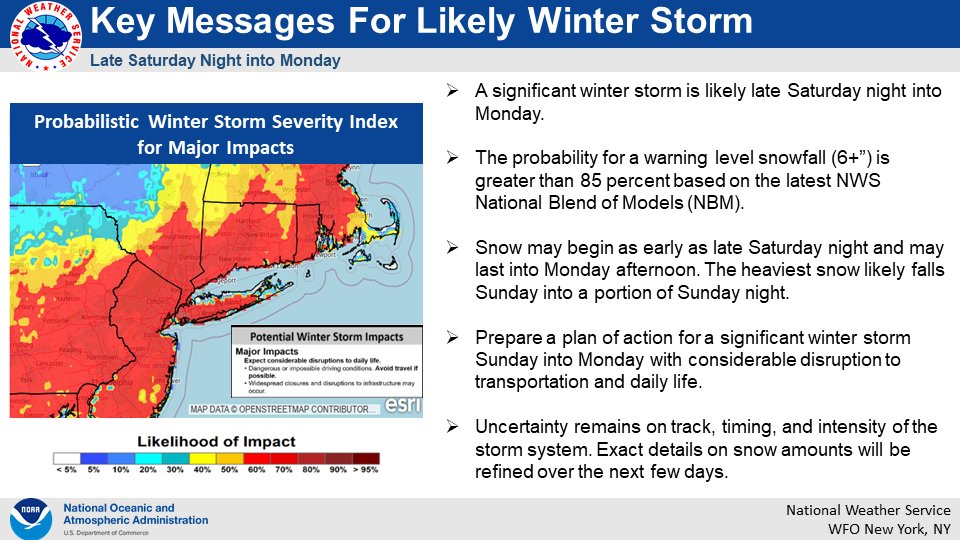 NWSNewYorkNY's tweet image. [Key Messages]: A significant winter storm is likely late Saturday night into Monday. Snow may begin late Saturday night with the heaviest snow likely falling Sunday into a portion of Sunday evening. Considerable disruption to transportation and daily life is possible.