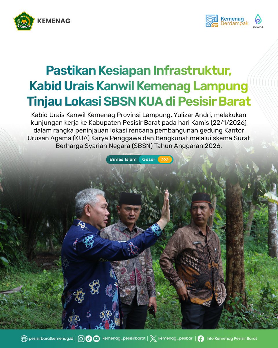 kemenag_pesbar's tweet photo. Pastikan Kesiapan Infrastruktur, Kabid Urais Kanwil Kemenag Lampung Tinjau Lokasi SBSN KUA di Pesisir Barat
Baca Selengkapnya :
https://t.co/ck6fY6iZFE
#KUA #Pelayanan #ServiceExcellent #PesisirBarat #Kemenag #KemenagBerdampak https://t.co/6Xq23jzMEx