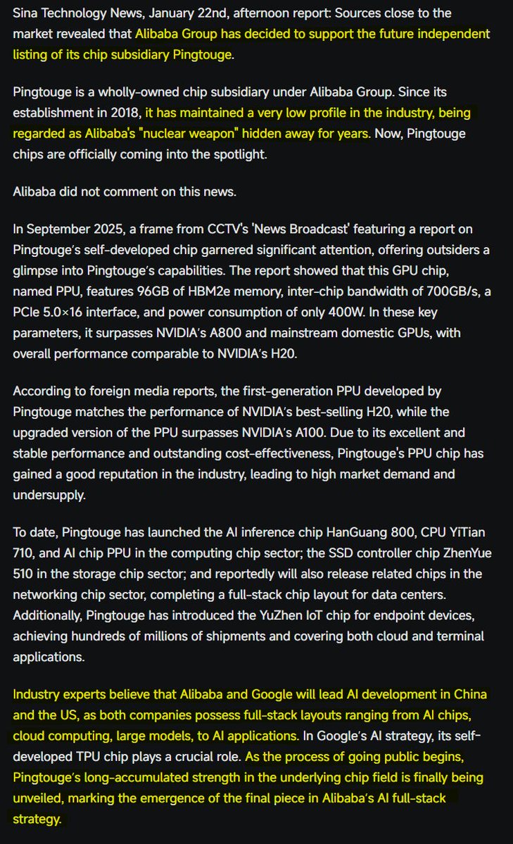 dyz_ob's tweet image. $BABA : Reports suggest that Pingtouge, a chip company under Alibaba, is planning an independent IPO.