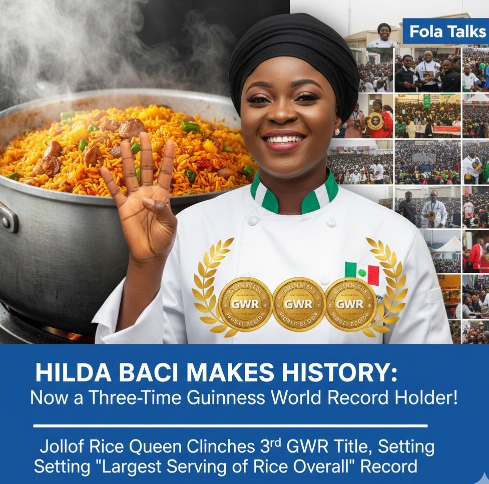 Banjy47's tweet image. Hilda Baci’s Jollof Feat Earns Unexpected 3rd GWR Milestone to Kick Off 2026.

Nigerian culinary star Hilda Baci has officially become a three-time Guinness World Record (GWR) holder. While her September 2025 event was already celebrated for the "Largest serving of Nigerian-style…