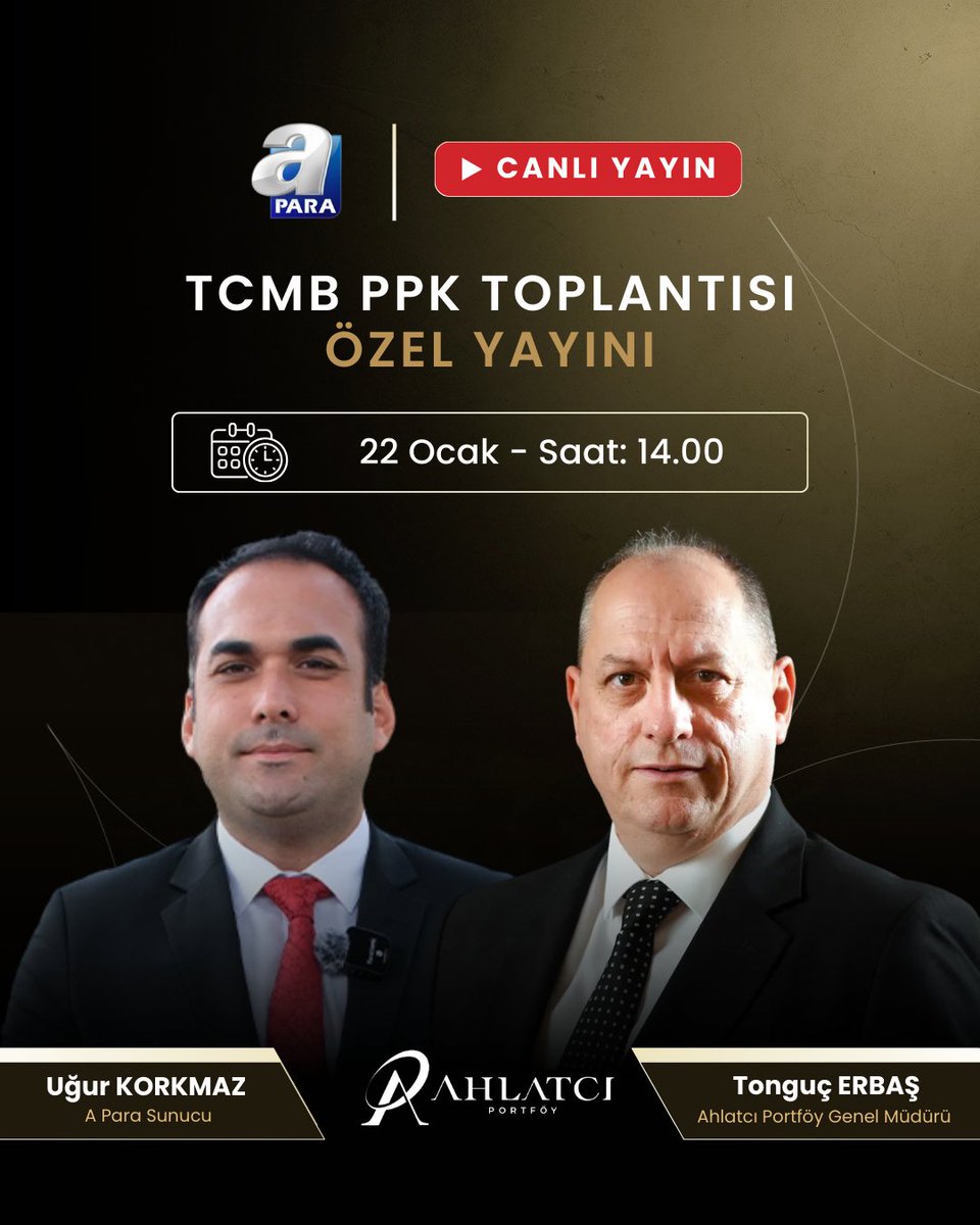 AhlatciPortfoy's tweet image. Ahlatcı Portföy Genel Müdürü Tonguç Erbaş, bugün saat 14.00’te A PARA ekranlarında, Uğur Korkmaz’ın sunduğu TCMB PPK Toplantısı Özel Yayınına canlı yayın konuğu olarak katılacak.

@apara_tv @Tongucerbas @ugurrkorkmaz

#AhlatcıPortföy #TCMB #PPK #faiz
