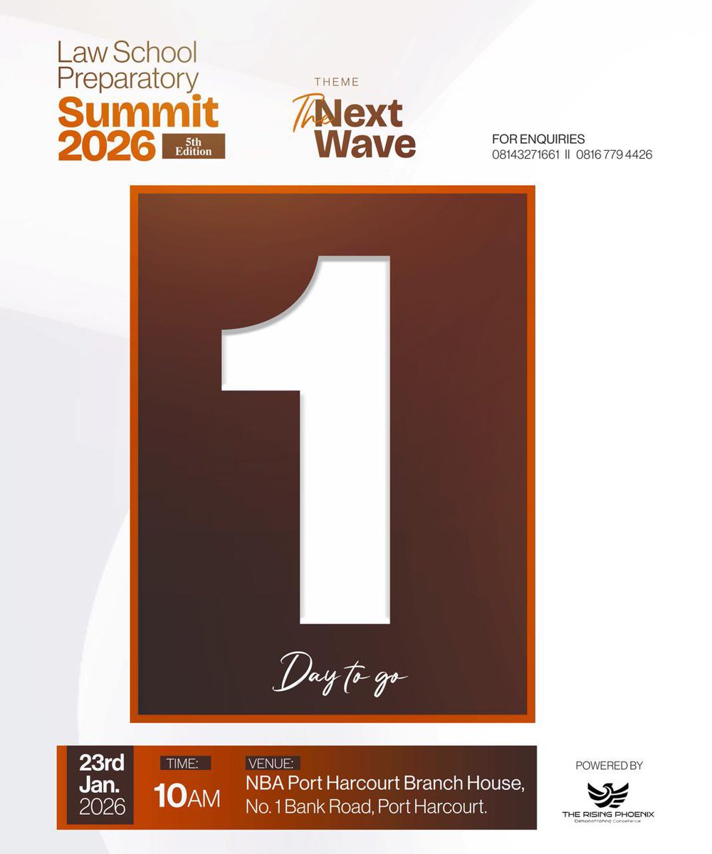 lawschoolprep01's tweet photo. Just 1 day to go!

We’re almost set for the Law School Preparatory Summit 2026 (5th Edition).
A full day of insight, guidance, and real conversations designed to help aspiring law students prepare for what lies ahead. https://t.co/RaVKTeoF2Y