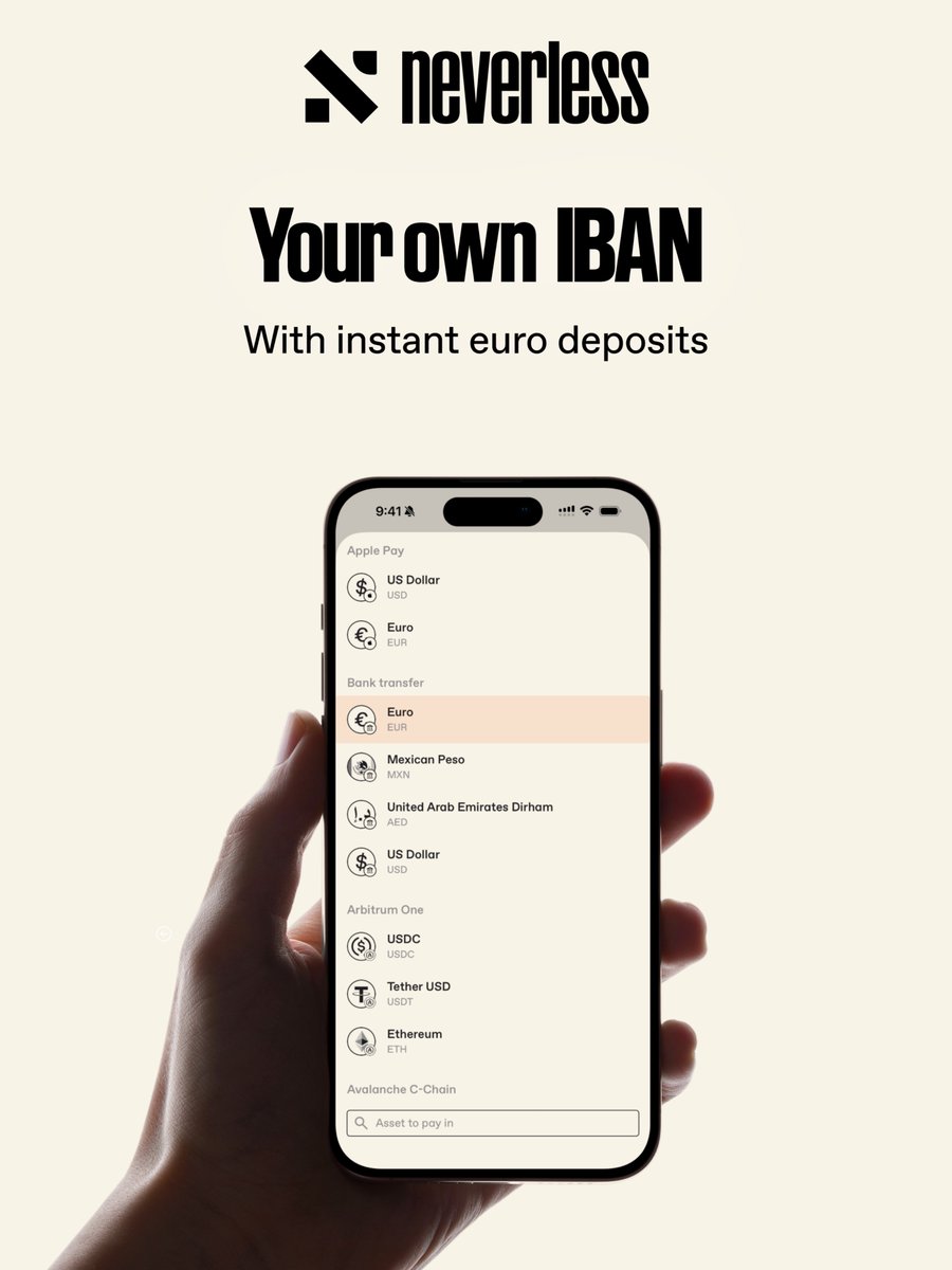 neverlessapp's tweet photo. Personal IBANs are now live on Neverless!

Forget having to add a reference, and receive your euro deposits instantly. ⚡️ https://t.co/c4qEOo6Msu