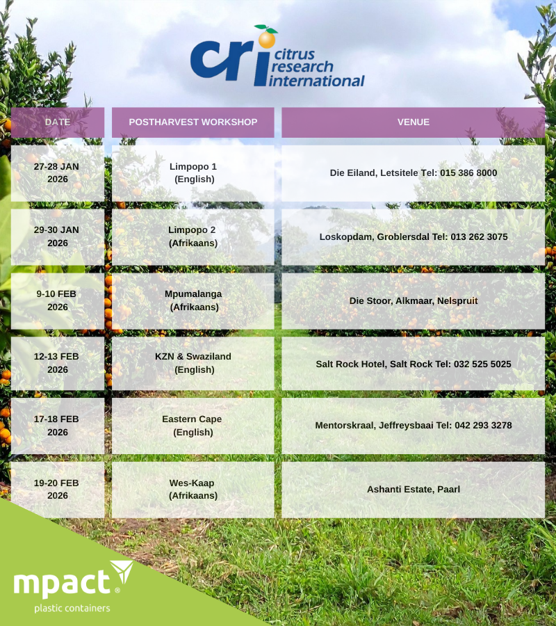 MpactPC's tweet photo. We’ll be attending the CRI Post‑Harvest Workshops!

Come chat to us and find out how Mpact Plastic Containers’ Export Rental Programme supports storage, handling, and transport across the citrus supply chain.

More info: https://t.co/NXzdFZYp0B https://t.co/oJL4jX6NsJ