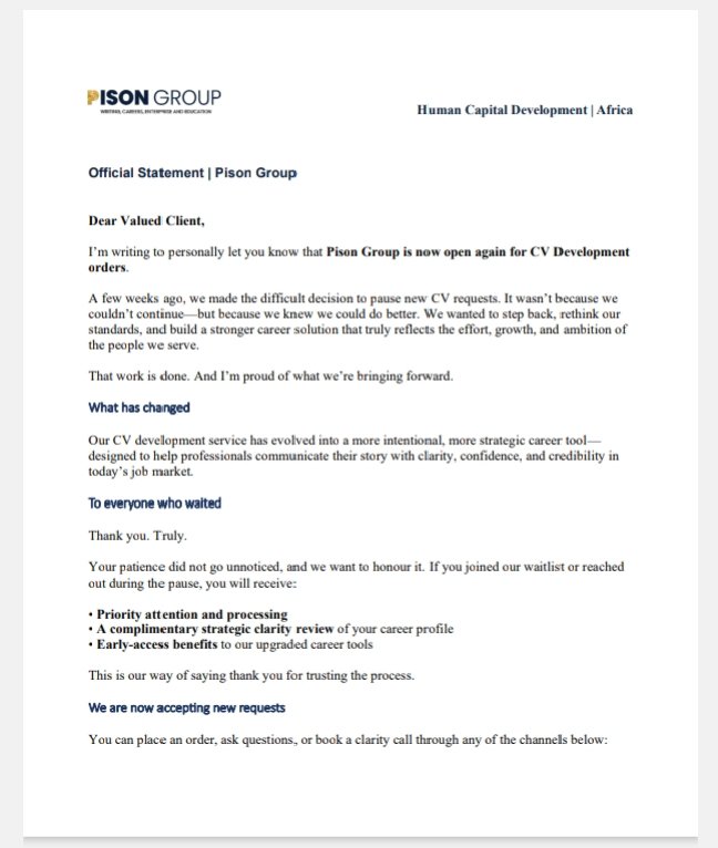 pison_group's tweet photo. We paused. We refined. We’re back.

We are now open for orders, smarter, sharper, ready to help your work get noticed.

📩 info@thepisongroup.com
🌐 https://t.co/sLMWyIbPaj
📲 WhatsApp: +2348123911469

Your story deserves to be seen.

#SmartCV #CareerVisibility #PisonGroup https://t.co/I1esDK0G9S