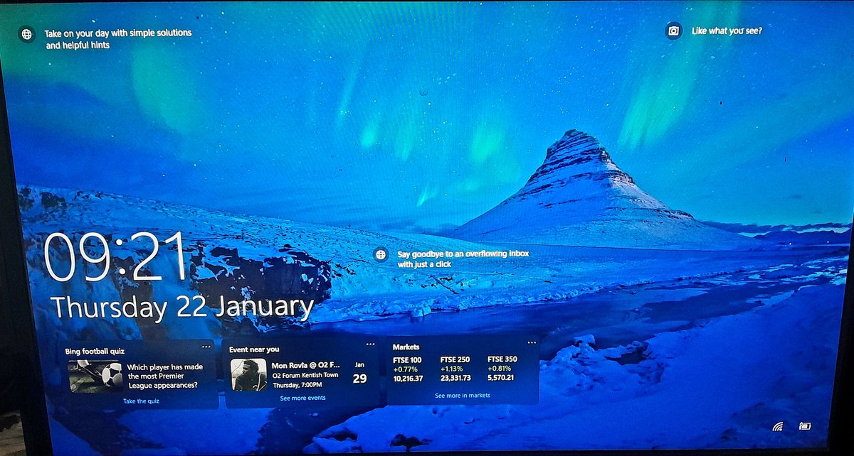 A1an_M's tweet image. Look here Microsoft.
I like this screen lock image.
But that's where the liking ends.

I don't want "simple solutions and helpful hints".
I don't want AI to reorganise my inbox.
I don't want a football quiz.
I don't want to know about "events near me".
I don't want to know about…