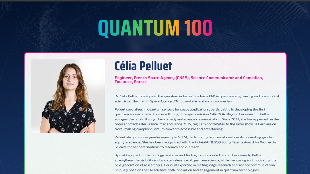 👏 CARIOQA project member Célia Pelluet named to the Quantum 100 

✨ Proud to spotlight Célia Pelluet, an optical quantum sensor engineer at CNES and an active science communicator, one of the Quantum 100! 

🔗carioqa-quantumpathfinder.eu/celia-pelluet-…