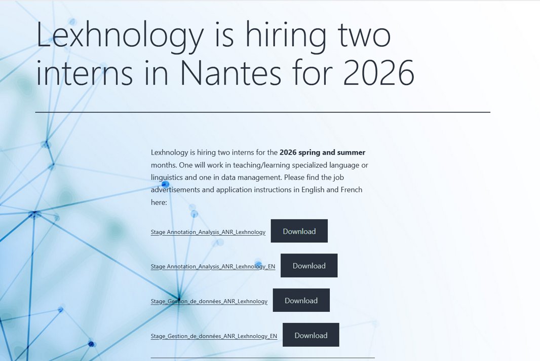 Lexhnology is recruting two research interns in 2026.⚠️ Job announcements and application procedure can be found here: lexhnology.hypotheses.org/1099 @CarmenneK <a href="/taln_ls2n/">TALN</a>  <a href="/nicolarnandz/">Nicolas Hernandez</a>  <a href="/LMC44840/">LauraMC</a> <a href="/BelfathiAnas/">Anas Belfathi</a>   <a href="/r_dufour/">Richard Dufour</a>