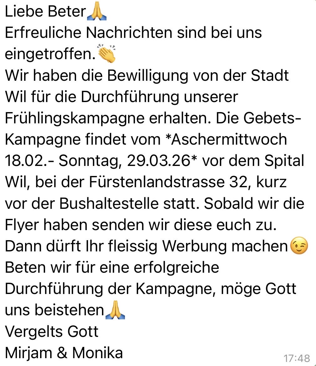 __catholica__'s tweet image. 🙏🏼 für alle Ungeborenen und ihre Mütter 🤍❤️ aus Liebe zu beiden.
                        🤰🏻👶🏻🤱🏻

Die Gebets-Kampagne findet vom *Aschermittwoch
18.02.- Sonntag, 29.03.26* vor dem Spital #Wil SG, bei der Fürstenlandstrasse 32, kurz vor der Bushaltestelle statt.