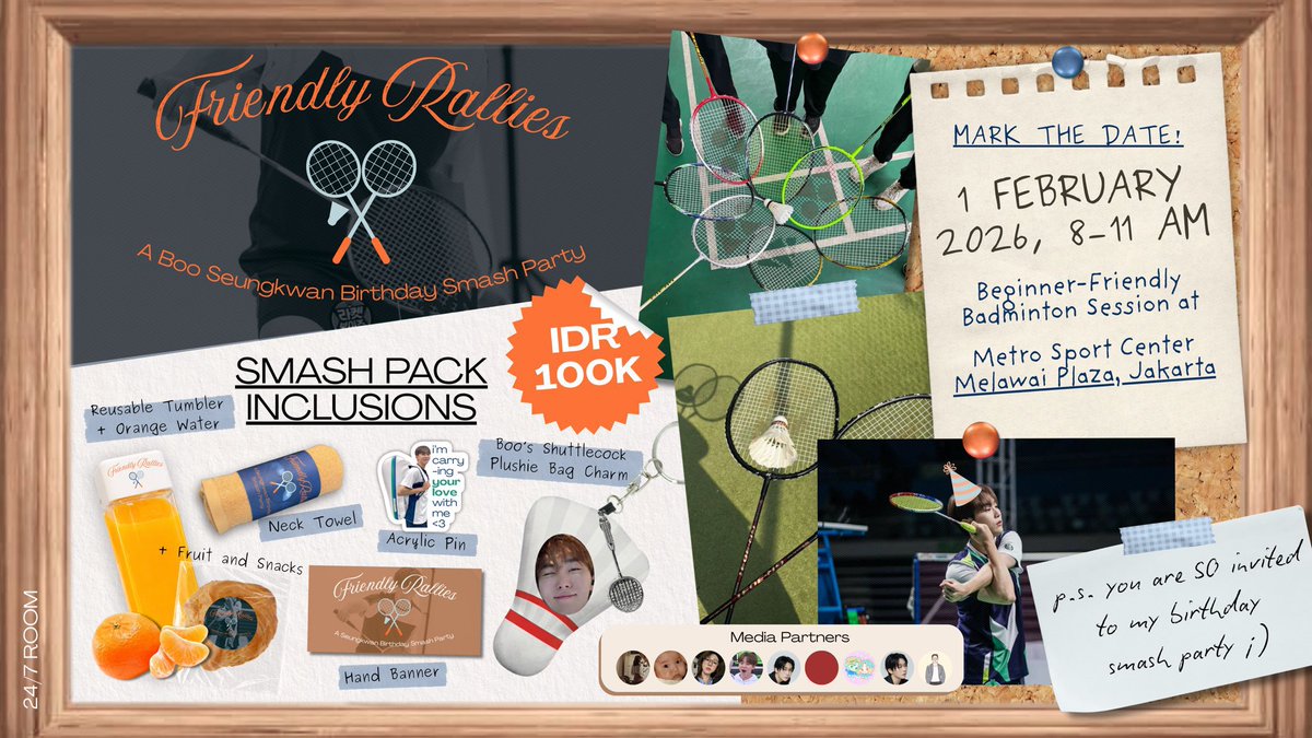 Friendly Rallies 🏸
A Boo Seungkwan Birthday Smash Party Event
by <a href="/247__room/">24/7 ROOM 🍊</a> 

📅 1 February 2026
🏷️ IDR 100,000
Incl. badminton court &amp; racket rent, drinks, snacks, and merchandise

🔗 bit.ly/247KwanRSVP

#FriendlyRallies
#247ROOM