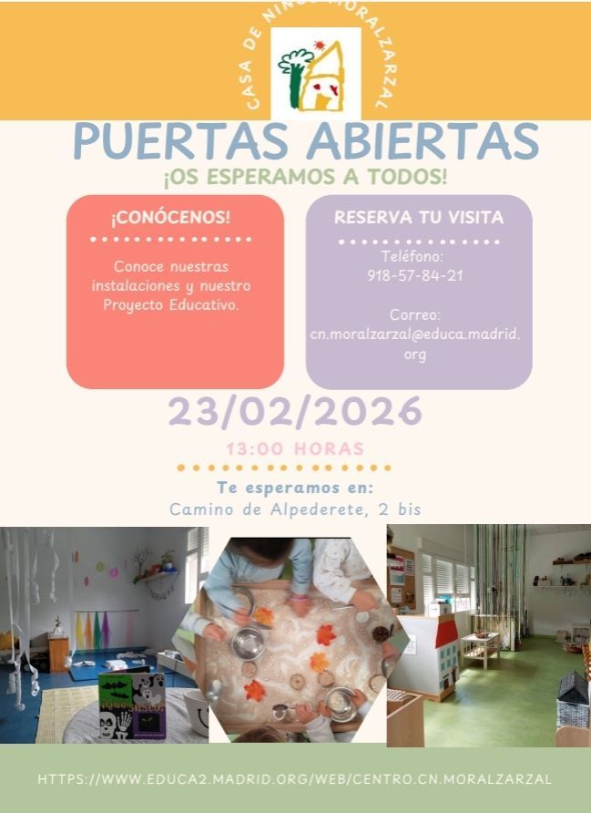 Mañana, a las 13,00 horas 📢 ¡Jornada de Puertas Abiertas en la Casa de Niños de #Moralzarzal! 
📍 Camino de Alpedrete, 2 bis.
Ven a conocer nuestras instalaciones y proyecto educativo. 
Reserva tu visita: 📞 918 57 84 21 📧 cn.moralzarzal@educa.madrid.org