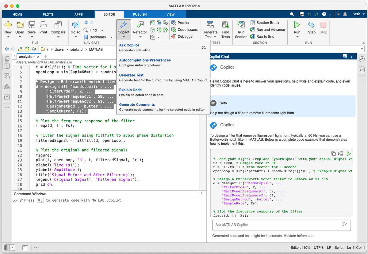 sgbrenner's tweet photo. ⏳ Coming Soon!
On January 27th, unlock the power of MATLAB Copilot and transform the way you code.

✅ Streamline development
✅ Enhance efficiency with AI-driven assistance

📅 Don’t miss out— learn more: https://t.co/yY7YIeUFb6

#MATLAB #AI https://t.co/r6D3pq3eHn