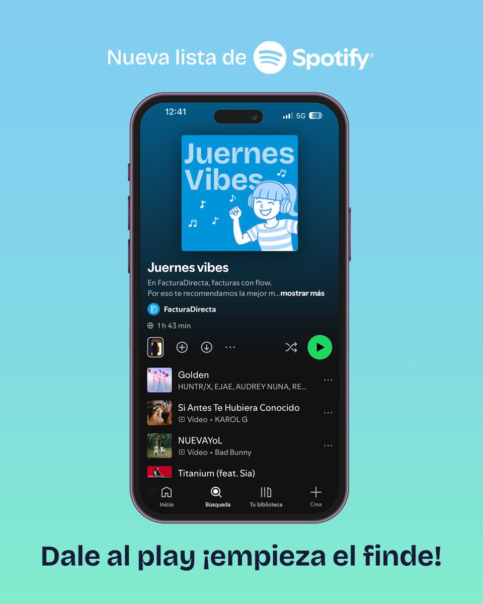¿Qué tienen en común Karol G, Lady Gaga y Rosalía? 🤔 ¡Que nos hacen pensar en el finde!

Empieza a ambientarte con nuestra nueva lista de #Spotify 🎧🪩 

open.spotify.com/playlist/3ErH1… 

#FacturaDirecta #FacturasConFlow #facturaciónonline #NosvaelFlow #música #JuernesVibes #Juernes