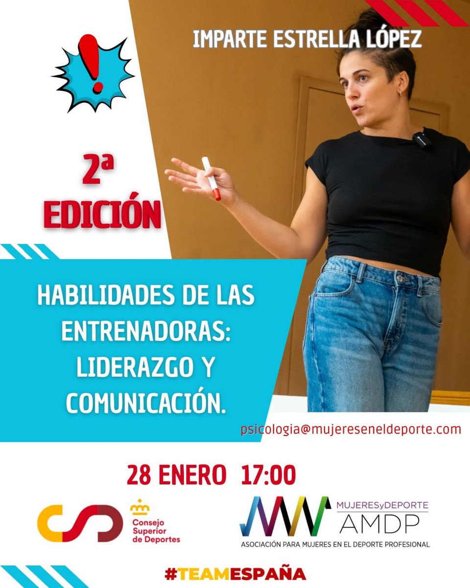 🙋🏻‍♀️Dirigido a entrenadoras para mejorar su capacidad de liderazgo y comunicación para impactar en el rendimiento de las deportistas.

💪🏻Aprende a liderar equipos deportivos.

💌 psicologia@mujereseneldeporte.com 

😊Gratuitos y plazas para TEAM ESPAÑA
<a href="/deportegob/">CSD</a>
