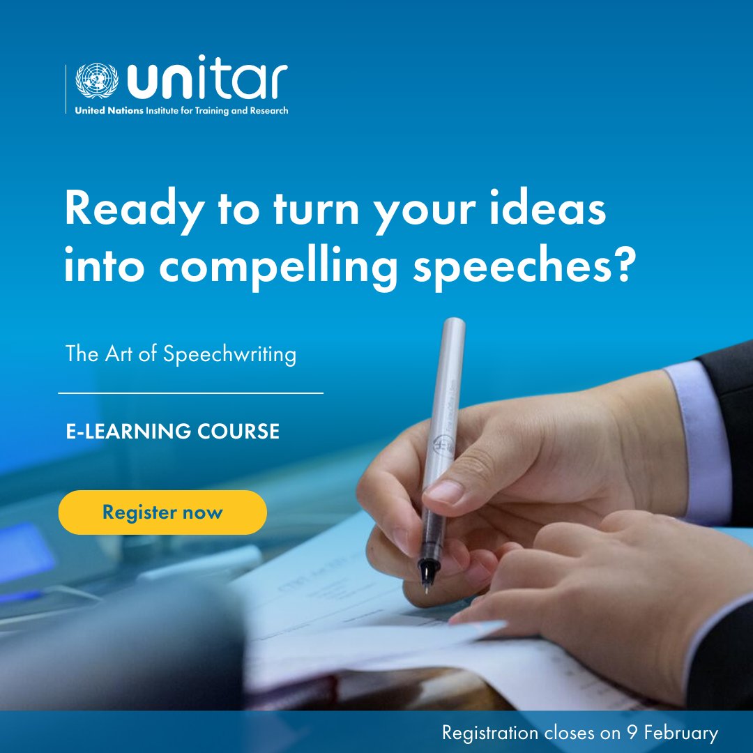 UNITAR's tweet image. Ready to turn your ideas into compelling speeches?

Our Art of Speechwriting course builds practical skills for clear, persuasive communication. Learn online, from anywhere in the world. 💻 

🔗‍️Register today: event.unitar.org/full-catalog/a…

#ProfessionalDevelopment #UNTraining