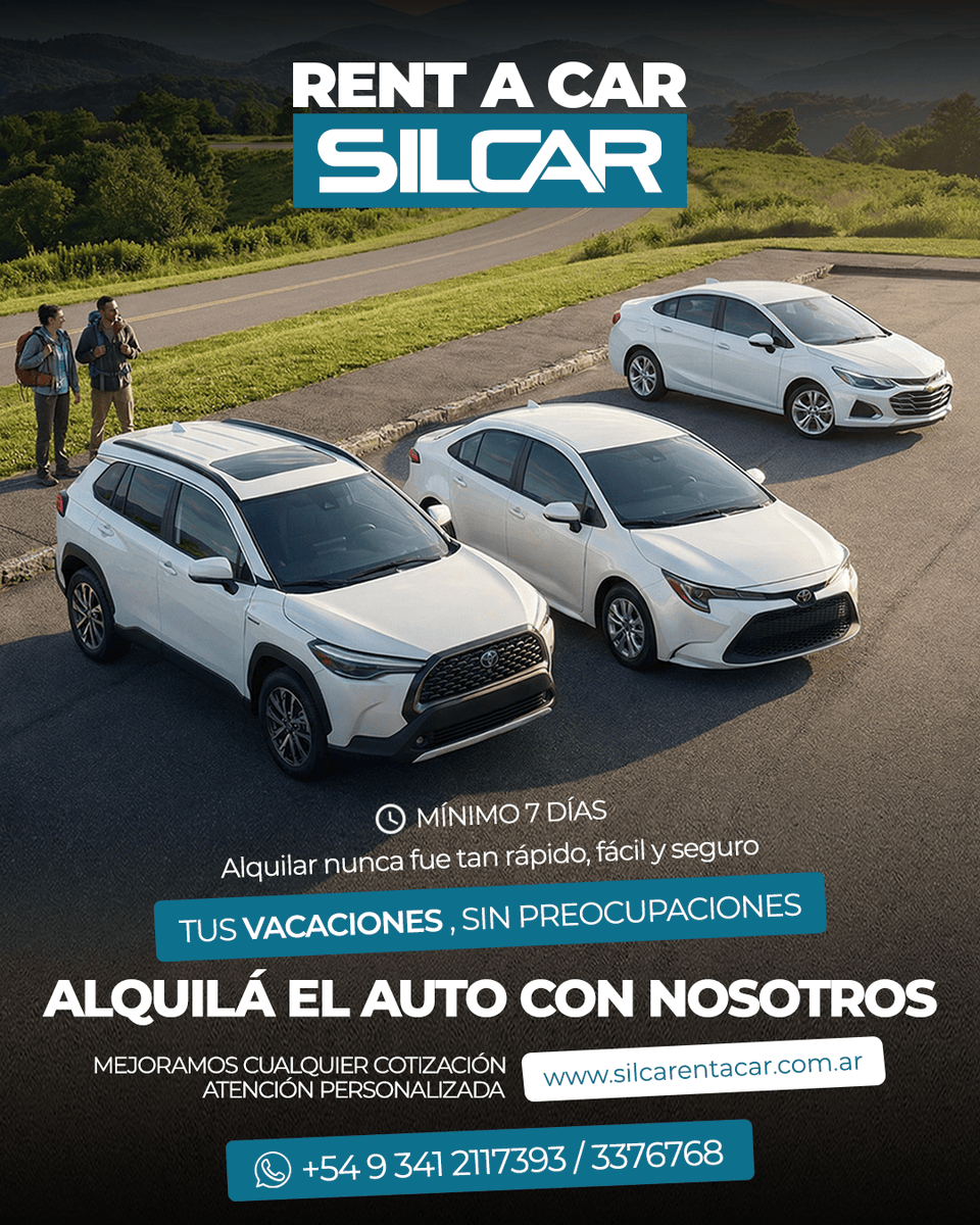 🧳TUS VACACIONES, SIN PREOCUPACIONES🏖️⛰️
🚗ALQUILÁ EL AUTO CON NOSOTROS🛻

📲 CONSULTANOS: 54 341 2117393 / 3376768
💻 silcarentacar.com.ar
⚠️Alquiler mínimo 7 Días.

✔️ Rápido.
✔️ Fácil.
✔️ Seguro.

🔹 SILCAR – RENT A CAR
📍 Mitre 190 – Rosari
📞 54 341 4412020
