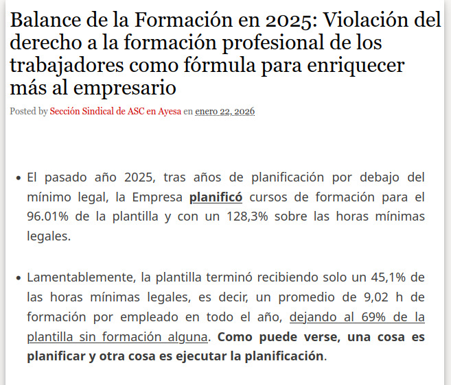 Balance de la Formación en 2025: Violación del derecho a la formación profesional de los trabajadores como fórmula para enriquecer más al empresario
asc-ayesaat.blogspot.com/2026/01/balanc…

<a href="/AyesaNews/">Ayesa</a> #Ayesa #TIC #Ingenieria #Consultoría 

<a href="/ASC_Sevilla/">ASC Sevilla</a> <a href="/ASCsindicato/">Alternativa Sindical de Clase</a>