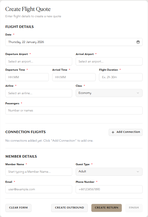 azharcodes's tweet photo. Built this complex flight quote form for @v1retreats  with a focus on clean UI, smart grouping, and a smooth workflow. Managed flight details, connections, passengers, and member info without overwhelming the user - clarity over clutter. ✈️✨ https://t.co/R7fTBoavYt
