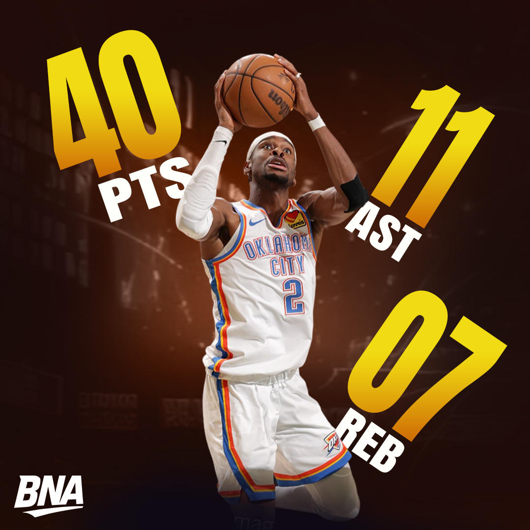AusBballnews's tweet image. Shai Gilgeous-Alexander put on a show with 40 points, 7 rebounds, 11 assists, and 1 steal, shooting 84% from the field, as the Thunder took down the Bucks 122–102! ⚡️🏀

#nba #shaiGilgeousAlexander #okcthunder #nbastats