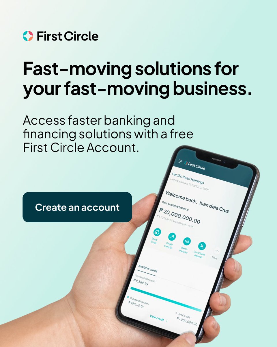 We're bringing the future of money to Philippine SMEs with instant, fee-free transfers and non-collateral credit starting at 0.99% interest 🚀 

The best part? You only need a free First Circle Account to access it all. Open one by visiting hubs.li/Q03_Rw8t0 and clicking