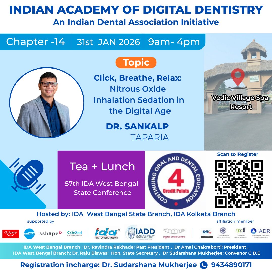 IADD_IDA's tweet photo. 😌 Stress-free dentistry starts with smarter sedation!

Join IADD Chapter 14 for Dr. Sankalp Taparia’s session: “Nitrous Oxide in the Digital Age.” 🚀

📅 31 Jan | 9AM-4PM
📍 Vedic Village, Kolkata

🔹Comfort
🔹Safety
🔹Modern Protocols

🎓 4 CDE Points | 🍱 Lunch
📲 Register! https://t.co/Yd2jvStfcl