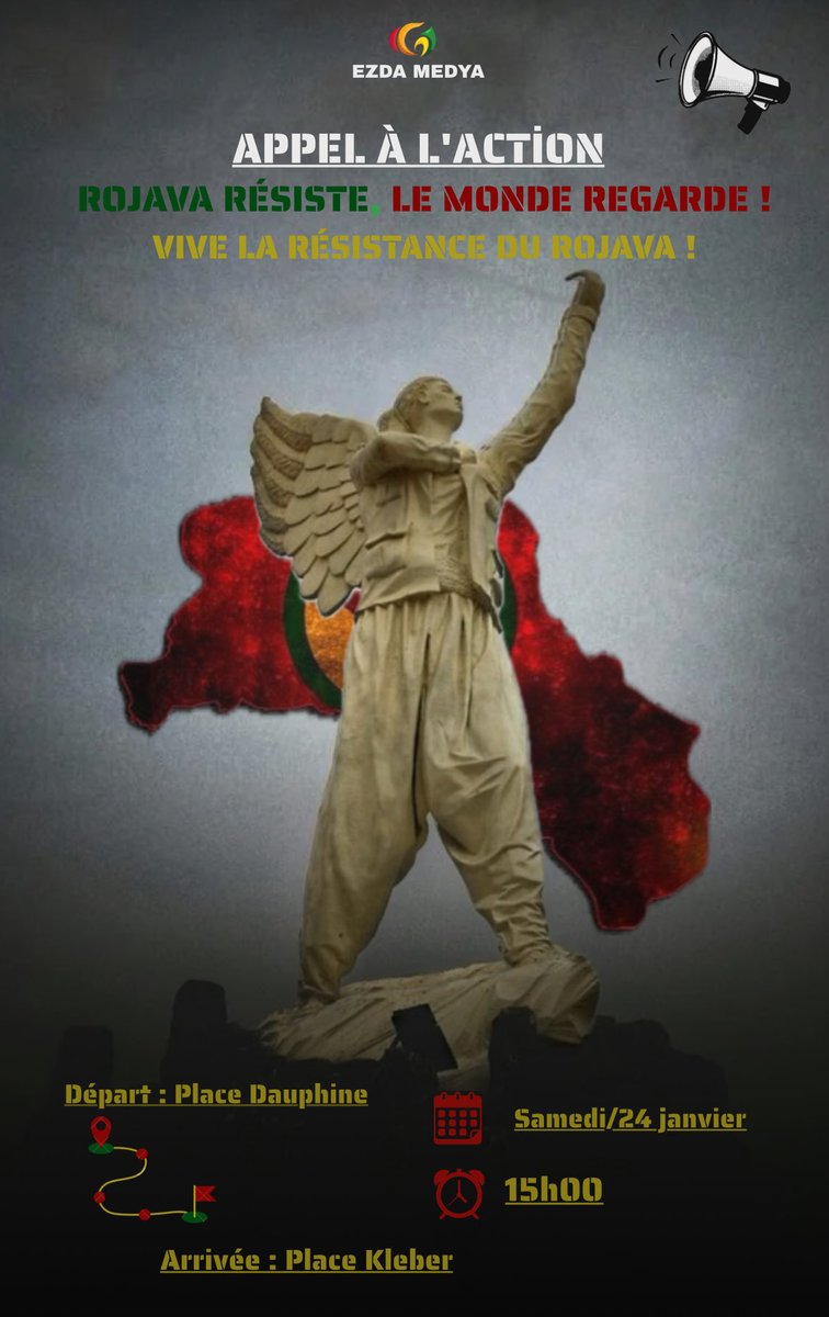 📢 APPEL À L'ACTION

📍FRANCE / STRASBOURG
Place Dauphine → Place Kléber

🗓️ 24 Janvier/Samedi

🕒 15h00

ROJAVA RÉSISTE, LE MONDE REGARDE !

ROJAVA BERXWEDAN DIDE, DUNYA TEMASE DIKE! 

ROJAVA DIRENIYOR, DÜNYA IZLIYOR!

#Rojava #RojavaUnderAttack