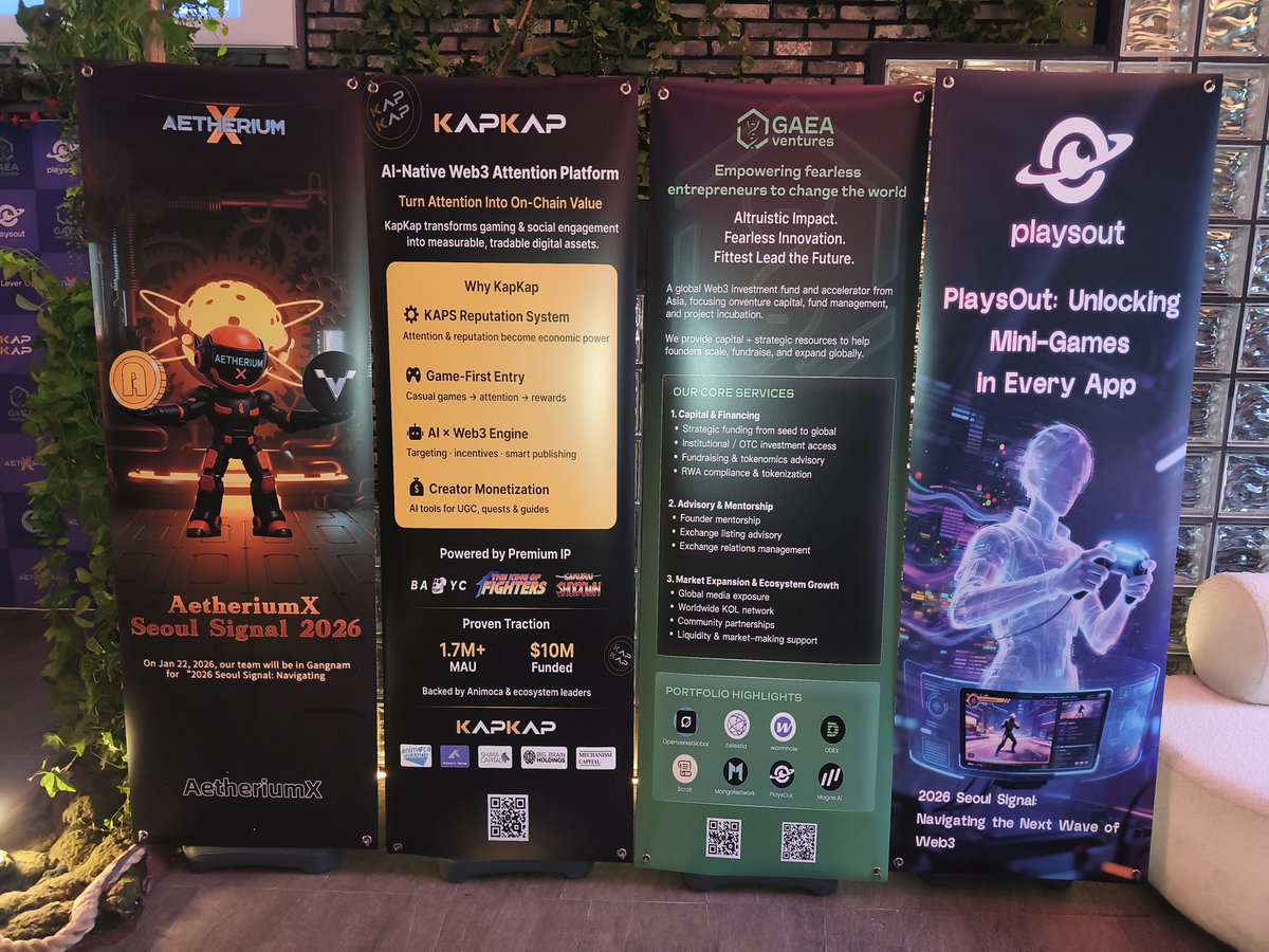 FISlab's tweet photo. 🌊 2026 Seoul Signal — Navigating the Next Wave of Web3 참석 후기
@K1_Research @kleinlabsxyz
@bitget #BGB @aetheriumX_fun @LeverUp_xyz @dgrid_ai @GaeaVentures @itplaysout @Kapkap_Hub #LeverUp
2026년의 시작,
Web3의 다음 파도를 먼저 읽어보는 자리에 와 있습니다.
행사 초반부터 느껴지는 분위기는 가볍지 않습니다.
단순한 친목이나 명함 교환이 아니라,
“올해 시장을 ���떻게 해석하고, 어디에 서야 하는가”라는 질문이
자연스럽게 테이블 위에 올라와 있습니다.
🌎 Hosts
➡️ K1 Research
한국 시장에 특화된 Web3 리서치·마케팅 그룹으로,
글로벌 프로젝트의 한국 진입 전략과 커뮤니티 확장을 현장에서 만들어 온 팀.
이번 행사 역시 ‘트렌드 소개’보다 시장 신호(Signal)를 읽는 자리라는 성격을 분명히 합니다.
➡️ Klein Labs
규제 우선(regulation-first), 알파 중심(alpha-driven)의 전략적 마켓메이커.
유동성, 자본 전략, 상장, 커뮤니티까지 시장 구조를 실제로 굴려본 경험이
이번 행사 톤을 한층 현실적으로 만듭니다.
🌐 Sponsors
➡️ BGB
Bitget 생태계의 핵심 토큰. 거래·커뮤니티·플랫폼을 하나의 흐름으로 연결하는 자산.
➡️ AetheriumX
스테이킹·게임·크리에이터 마켓을 하나의 루프로 묶는 온체인 실험.
➡️ LeverUp
Monad 기반 Perp DEX.
LP 없는 구조와 초고레버리지로 파생상품의 구조 자체를 다시 묻는 프로젝트.
➡️ Gaea Ventures
초기 투자부터 인큐베이션까지 연결하는 글로벌 크립토 투자·빌더 파트너.
➡️ PlaysOut
수천 개 미니게임을 슈퍼앱에 통합하는 SDK.
‘게임 = 유입과 리텐션’이라는 명제를 실증 중.
➡️ KapKap
행동·평판·어텐션을 정량화해 온체인 자산으로 만드는 AI-네이티브 Web3 플랫폼.
🍸 편안한 음악과 무드 속에서
각 프로젝트가 이미 어디까지 와 있는지,
그리고 2026년을 향한 다음 스텝을 어떻게 그리고 있는지가
자연스럽게 오가는 밤입니다.
‘다음 사이클’이라는 말보다,
지금 어떤 구조를 쌓고 있는가가 더 중요해 보이는 자리.
오늘의 대화들이 어떤 신호로 남을지 기대됩니다.
