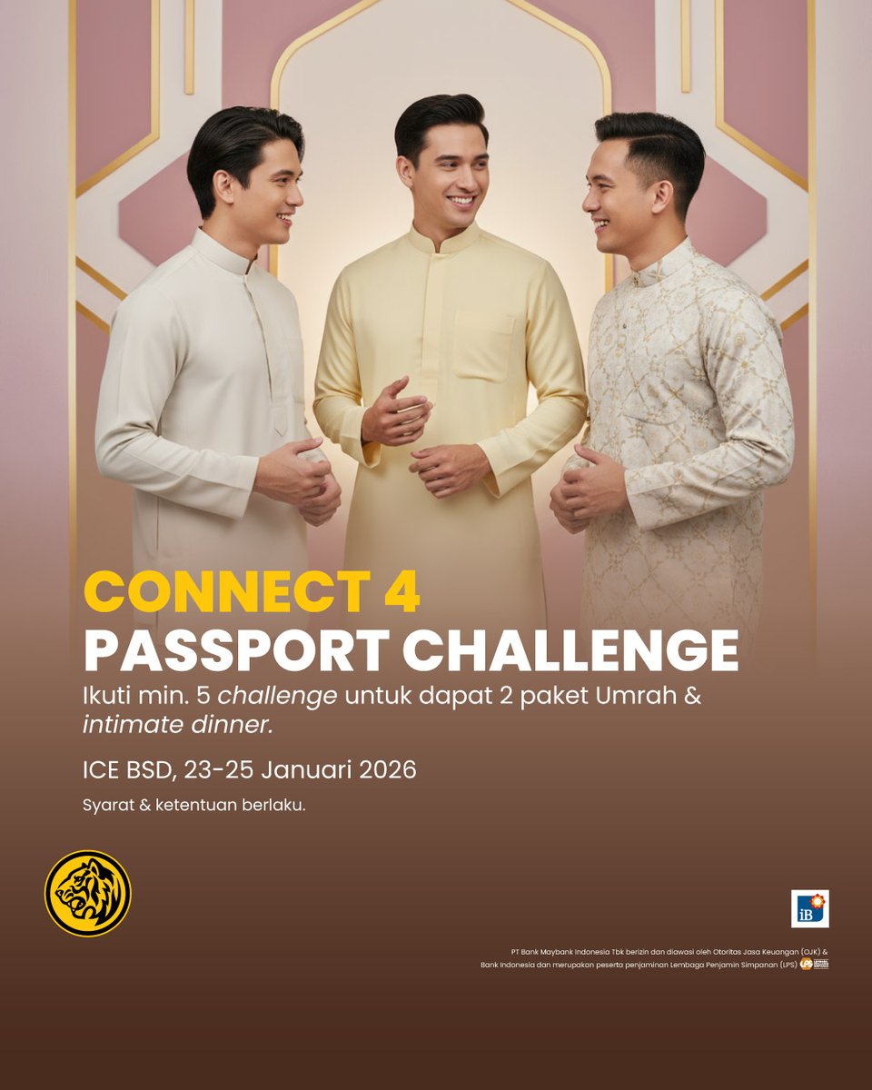 Ikuti Passport Challenge CONNECT 4 dan dapatkan hadiah 2 paket Umrah senilai Rp35 juta serta intimate dinner dengan Pembicara CONNECT 4.
Yuk datang ke booth Maybank Syariah dan nikmati berbagai challenge menarik serta keseruan bermain spin the wheel!
Setiap menyelesaikan 1