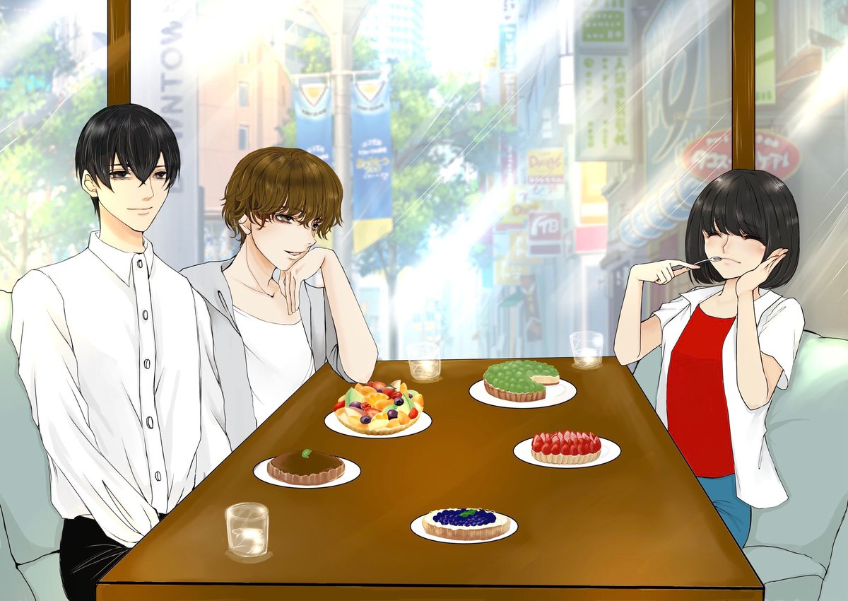 先日完結いたしました『冬野つぐみのオモイカタ』のイラストをりゅうふわ（<a href="/ryufuwa/">りゅうふわ@声絵師</a>）様に描いていただきました！
幸せMAXなつぐみとそんな彼女を見つめる明日人。
緊張しながらもタルト会を楽しむ連太郎とそれぞれの個性が垣間見える素敵な作品なのです！
りゅうふわさま、ありがとうございます〜😍