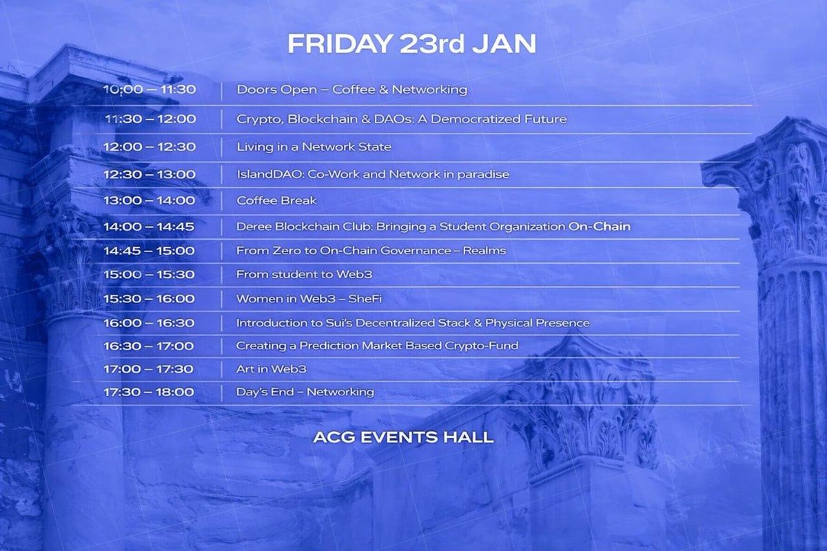 AthensDAOx's tweet photo. AthensDAO day one schedule is out for tomorrow!
@realmsdaos
@ns
@islanddao
@GreedAcademy
@Mysten_Labs
@shefiorg
See you in class! https://t.co/rE2FNOp9C4
