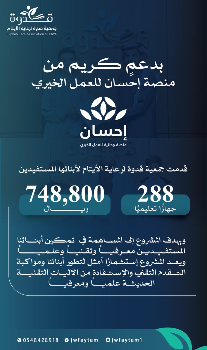 بدعمٍ سخي من منصة إحسان💚
قدّمت #جمعية_قدوة لرعاية الأيتام 288 جهازًا تعليميًا لأبنائها المستفيدين، بهدف تمكينهم معرفيًا وتقنيًا وعلميًا ؛ لصناعة مستقبلٍ يواكب التطور✨

#نبني_يتيم_يبني_المستقبل